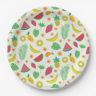 Assiettes En Carton Jolis fruits d'été et motif de feuilles tropicales
