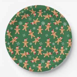 Assiettes En Carton Jolis hommes en pain d'épice de Noël sur fond vert