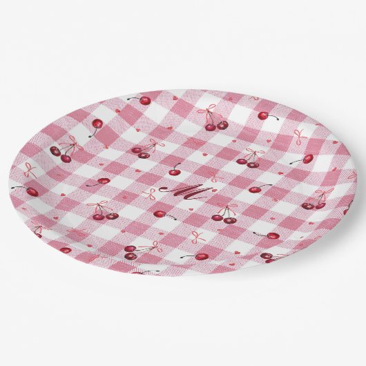 Assiettes En Carton Jolis Nœuds Filles Cerises Rose Gingham Carreaux N (Angle)