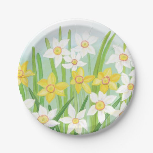 Assiettes En Carton Jonquilles printanières blanches et jaunes  (Devant)