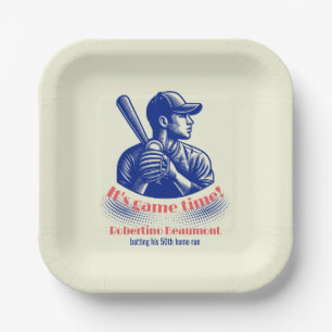 Assiettes En Carton Joueur de baseball bleu vintage Homme 50e annivers