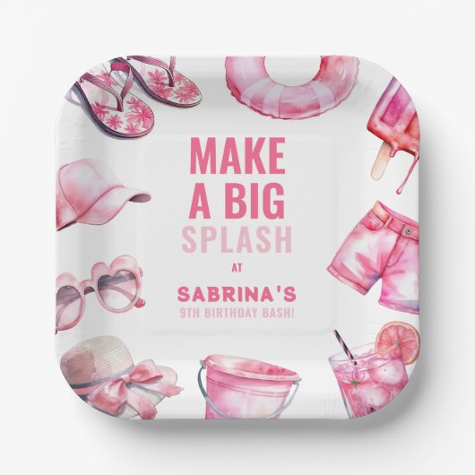 Assiettes En Carton Joueuse Piscine Rose fête d'été fille d'anniversai (Recto)