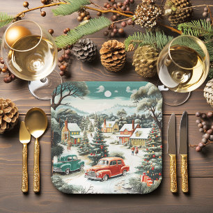 Assiettes En Carton Jour de Noël Maisons Voitures Pins Montagnes MCM