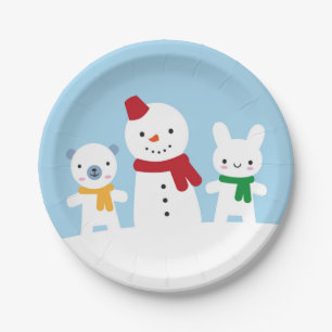 Assiettes En Carton Journée enneigée kawaii avec lapin et ours