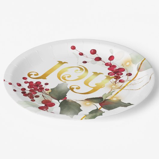 Assiettes En Carton JOY Pointesettias Holly Berries Plaques de papier (Angle)