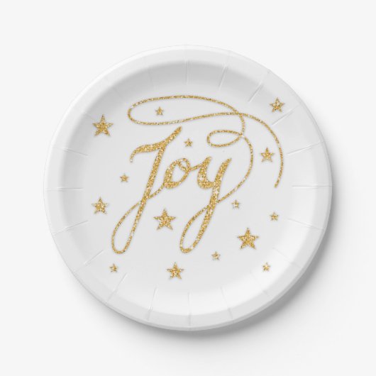 Assiettes En Carton JOY Texte Faux Parties scintillant Or Look With St (Devant)