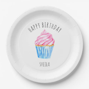 Assiettes En Carton Joyeuse aquarelle d'anniversaire cupcake rosé glaç