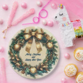 Assiettes En Carton Joyeuse couronne d'or verte de Noël (Fête)