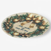 Assiettes En Carton Joyeuse couronne d'or verte de Noël (Angle)