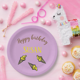 Assiettes En Carton Joyeuse crème glacée jaune d'anniversaire sur viol