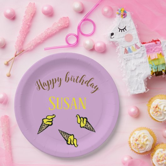 Assiettes En Carton Joyeuse crème glacée jaune d'anniversaire sur viol (Fête)