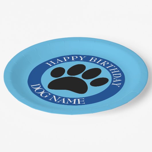 Assiettes En Carton Joyeuse fête d'anniversaire pour chiens bleu (Angle)