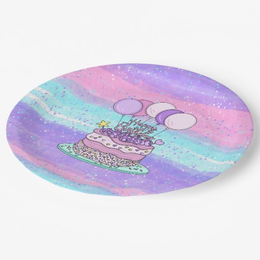 Assiettes En Carton Joyeuse fête d'anniversaire rose et violet (Angle)