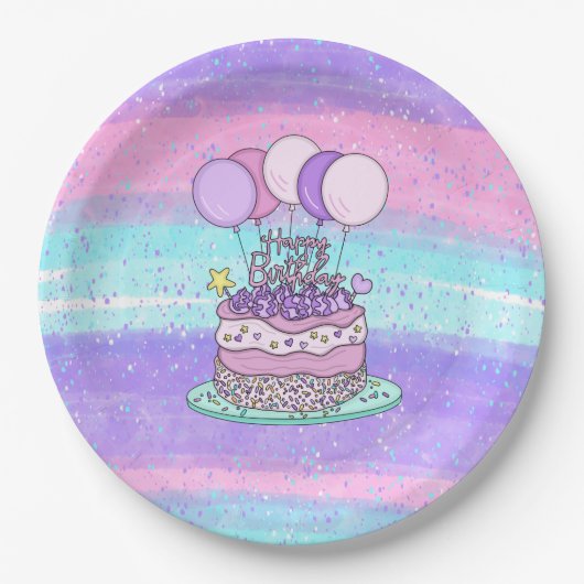 Assiettes En Carton Joyeuse fête d'anniversaire rose et violet (Devant)
