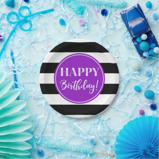 Assiettes En Carton Joyeuse fête d'anniversaire violet noir blanc rayu (Fête)