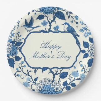 Assiettes En Carton Joyeuse Fête des Mères Élégante Chinoiserie Bleue