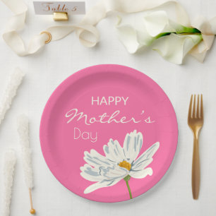 Assiettes En Carton Joyeuse Fête des Mères Fleur Artistique blanche