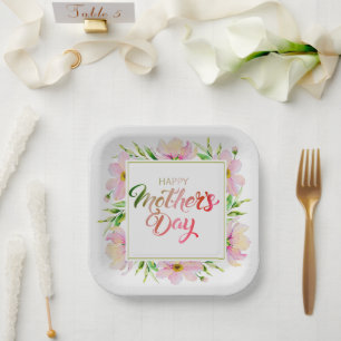 Assiettes En Carton Joyeuse Fête des Mères Floral Aquarelle Fleur Rose