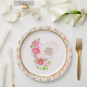 Assiettes En Carton Joyeuse Fête des Mères Rose Élégante Cœur Fête