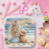 Assiettes En Carton Joyeuse fille d'anniversaire avec chiot sur la pla (Fête)