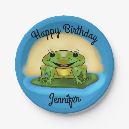 Assiettes En Carton Joyeuse grenouille d'anniversaire sur une plaque d (Devant)