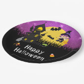 Assiettes En Carton Joyeuse sorcière de fête d'Halloween violet (Angle)