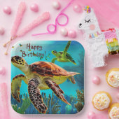 Assiettes En Carton Joyeuse tortue marine d'anniversaire (Fête)