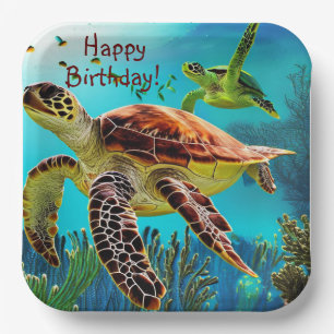 Assiettes En Carton Joyeuse tortue marine d'anniversaire