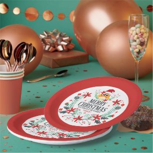 Assiettes En Carton Joyeuse typographie de Noël et couronne de hibou d