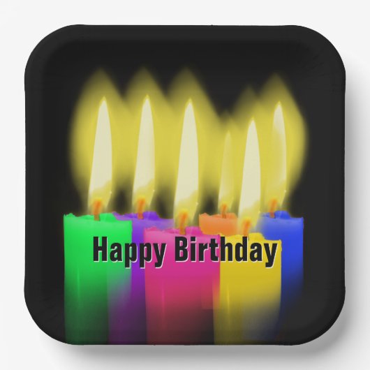 Assiettes En Carton Joyeuses bougies d'anniversaire sur noir (Recto)