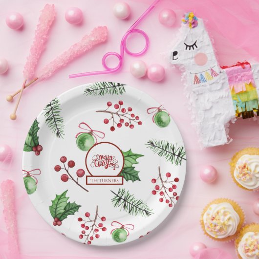 Assiettes En Carton Joyeuses boules de Noël Holly Berries Pine Monogra (Fête)