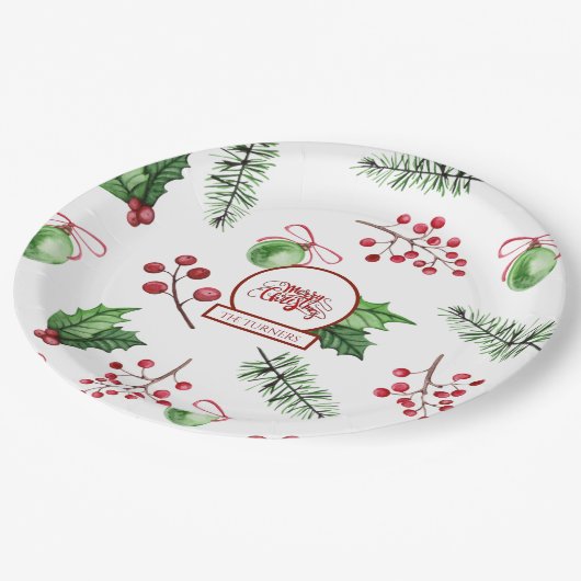 Assiettes En Carton Joyeuses boules de Noël Holly Berries Pine Monogra (Angle)