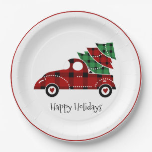 Assiettes En Carton Joyeuses fêtes Camion Rouge antique