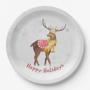 Assiettes En Carton Joyeuses Fêtes Cerf Dans La Neige