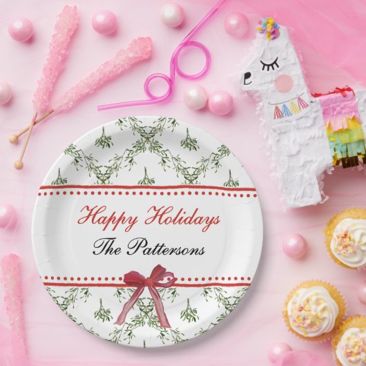 Assiettes En Carton Joyeuses fêtes Mistletoe Red Bow Custom Christmas (Fête)