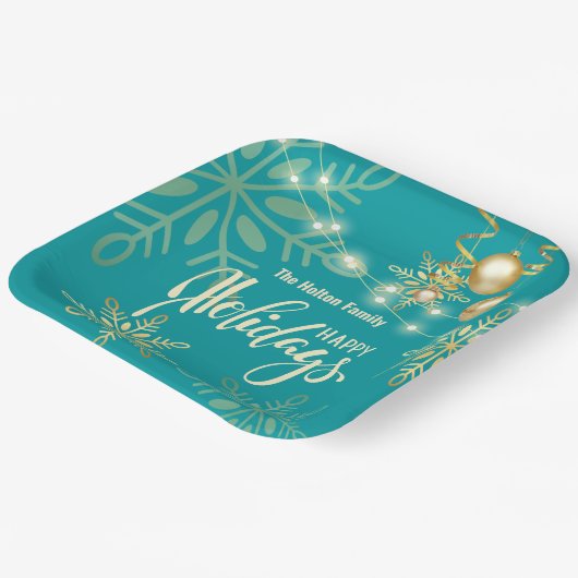 Assiettes En Carton Joyeuses fêtes Noël or flocons verts (Angulaire)