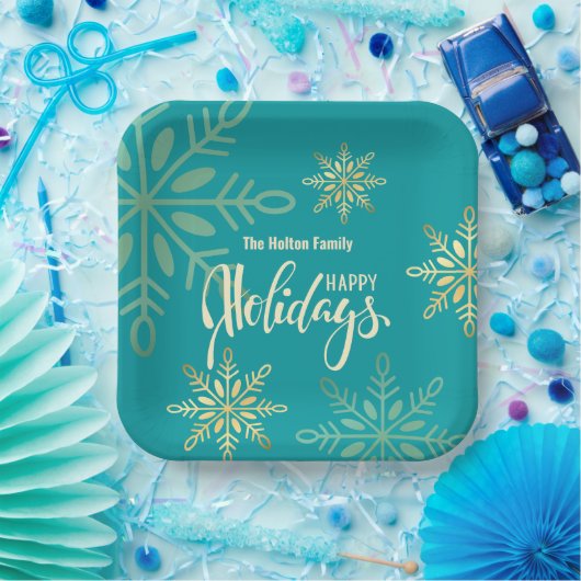 Assiettes En Carton Joyeuses fêtes Noël or flocons verts (Fête)