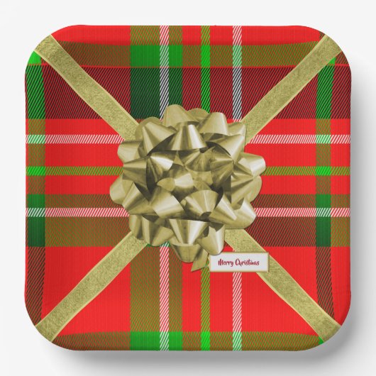 Assiettes En Carton Joyeuses fêtes Noël Tartan Motif Rouge Vert (Recto)