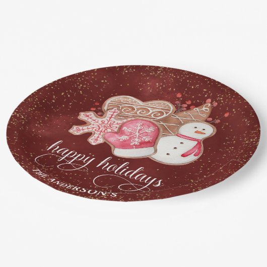 Assiettes En Carton Joyeuses fêtes, pain d'épices, biscuits, rouge et  (Angle)