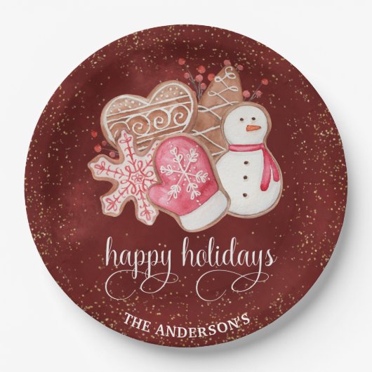 Assiettes En Carton Joyeuses fêtes, pain d'épices, biscuits, rouge et  (Devant)