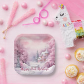 Assiettes En Carton Joyeuses Fêtes Roses Scène de Noël (Fête)