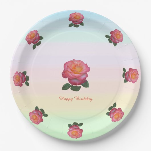 Assiettes En Carton Joyeuses fleurs Roses d'anniversaire (Devant)