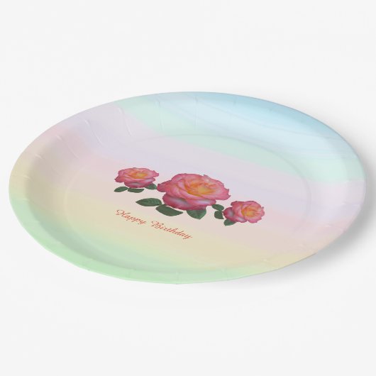 Assiettes En Carton Joyeuses fleurs Roses d'anniversaire (Angle)