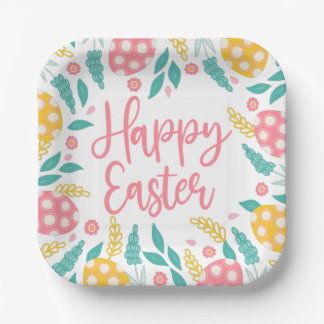 Assiettes En Carton Joyeuses Pâques | Feuillage d'œufs de Pâques Aqua
