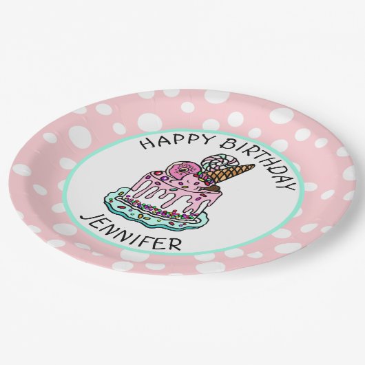 Assiettes En Carton Joyeuses serviettes d'anniversaire rose et vert me (Angle)