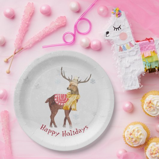 Assiettes En Carton Joyeuses Vacances Cerfs En Neige (Fête)