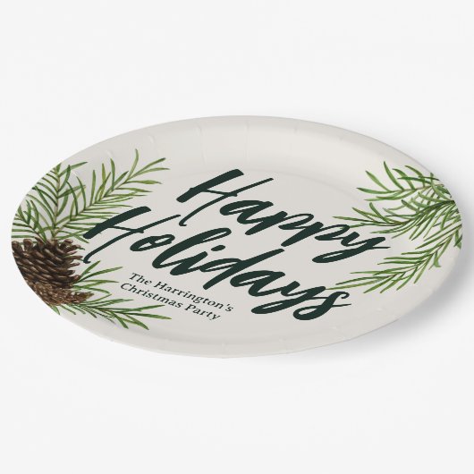 Assiettes En Carton Joyeuses vacances Pine d'hiver Verdure ivoire (Angle)