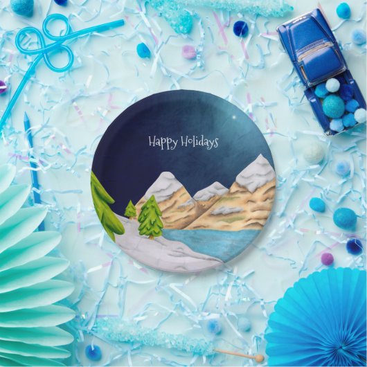 Assiettes En Carton Joyeuses Vacances Snowy Mountain Starry Nuit (Fête)