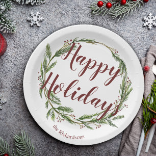 Assiettes En Carton Joyeuses vacances Watercolor Pine Wreath