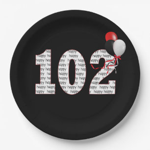 Assiettes En Carton Joyeux 102e anniversaire sur plaque de papier noir